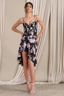 Roses | Black Floral Corset Ruffled Midi Dress -Sangyong Store WB CL128442130 YourRosebudBlackFloralCorsetRuffledMidiDress1