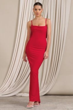 Flute | Red Bodycon Maxi Dress With Ruched Ruffled Back -Sangyong Store WB CL128443098 FluteRedBodyconMaxiDressWithRuchedRuffledBack0