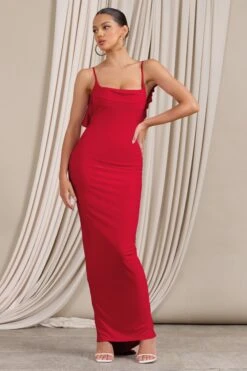 Flute | Red Bodycon Maxi Dress With Ruched Ruffled Back -Sangyong Store WB CL128443098 FluteRedBodyconMaxiDressWithRuchedRuffledBack1