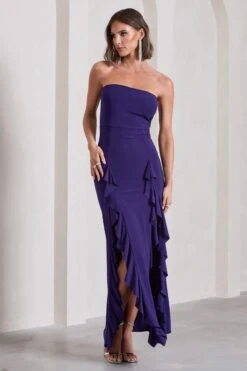 Susan | Purple Bandeau Maxi Dress With Ruffled Splits -Sangyong Store WB CL128458104 SusanPurpleBandeauMaxiDressWithRuffledSplits3