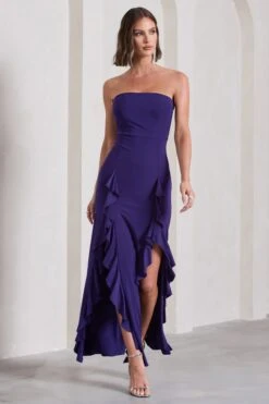 Susan | Purple Bandeau Maxi Dress With Ruffled Splits -Sangyong Store WB CL128458104 SusanPurpleBandeauMaxiDressWithRuffledSplits4