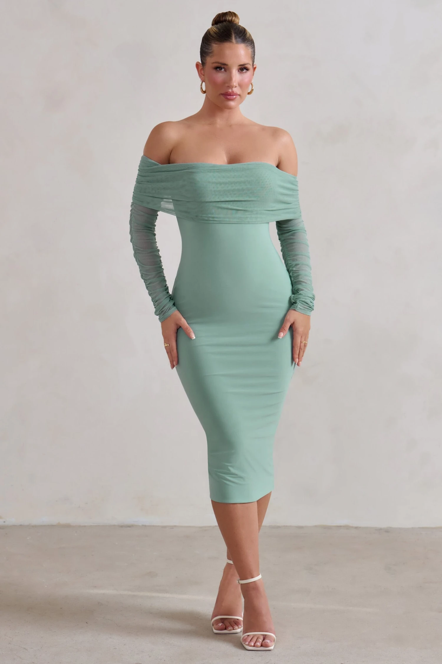Only You | Sage Ruched Mesh Bardot Midi Dress 3 Only You | Sage Ruched Mesh Bardot Midi Dress