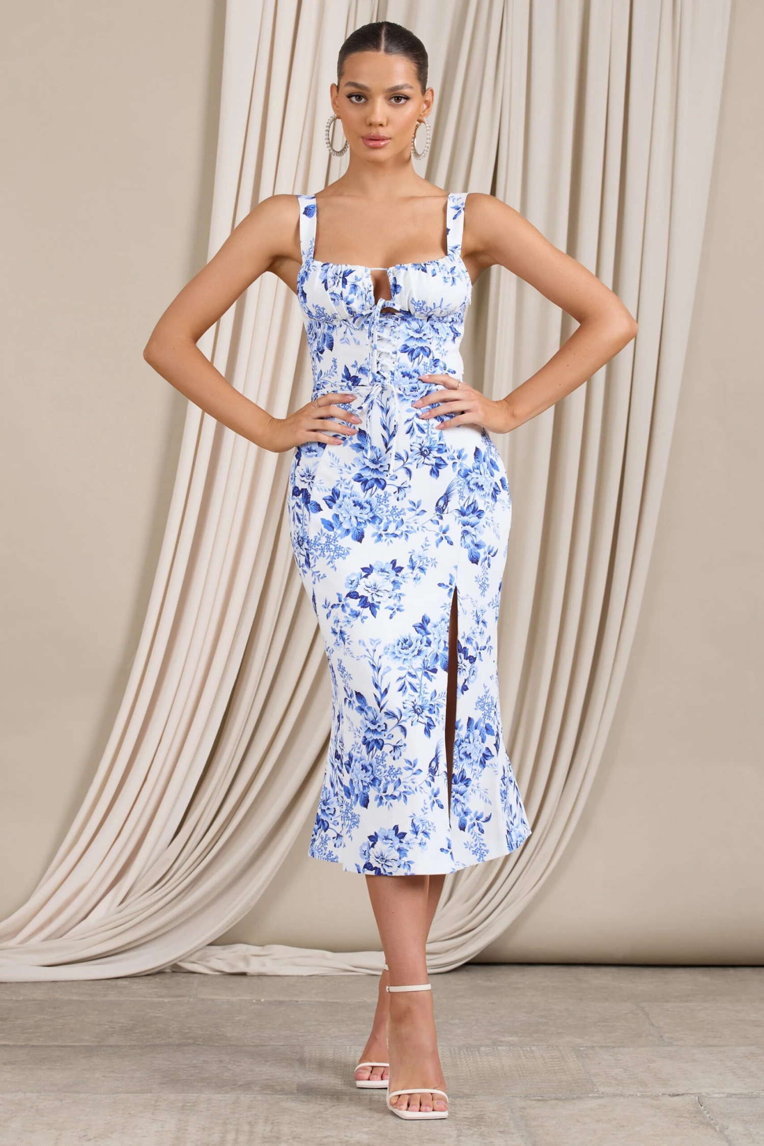 Corvina | Blue Floral Strappy Laced Corset Split Midi Dress 6 Corvina | Blue Floral Strappy Laced Corset Split Midi Dress - Image 4