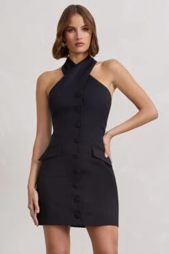 Dani | Black Halter Neck Tailored Buttoned Bodycon Mini Dress -Sangyong Store WB CL128487002 DaniBlackHalterNeckTailoredButtonedBodyconMiniDress0