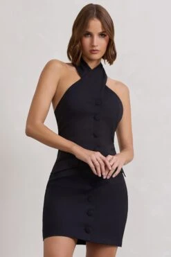 Dani | Black Halter Neck Tailored Buttoned Bodycon Mini Dress -Sangyong Store WB CL128487002 DaniBlackHalterNeckTailoredButtonedBodyconMiniDress4