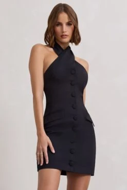 Dani | Black Halter Neck Tailored Buttoned Bodycon Mini Dress -Sangyong Store WB CL128487002 DaniBlackHalterNeckTailoredButtonedBodyconMiniDress7