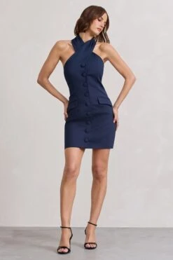 Dani | Navy Halter Neck Tailored Buttoned Bodycon Mini Dress 11 Dani | Navy Halter Neck Tailored Buttoned Bodycon Mini Dress -Sangyong Store WB CL128487015 DaniNavyHalterNeckTailoredButtonedBodyconMiniDress0