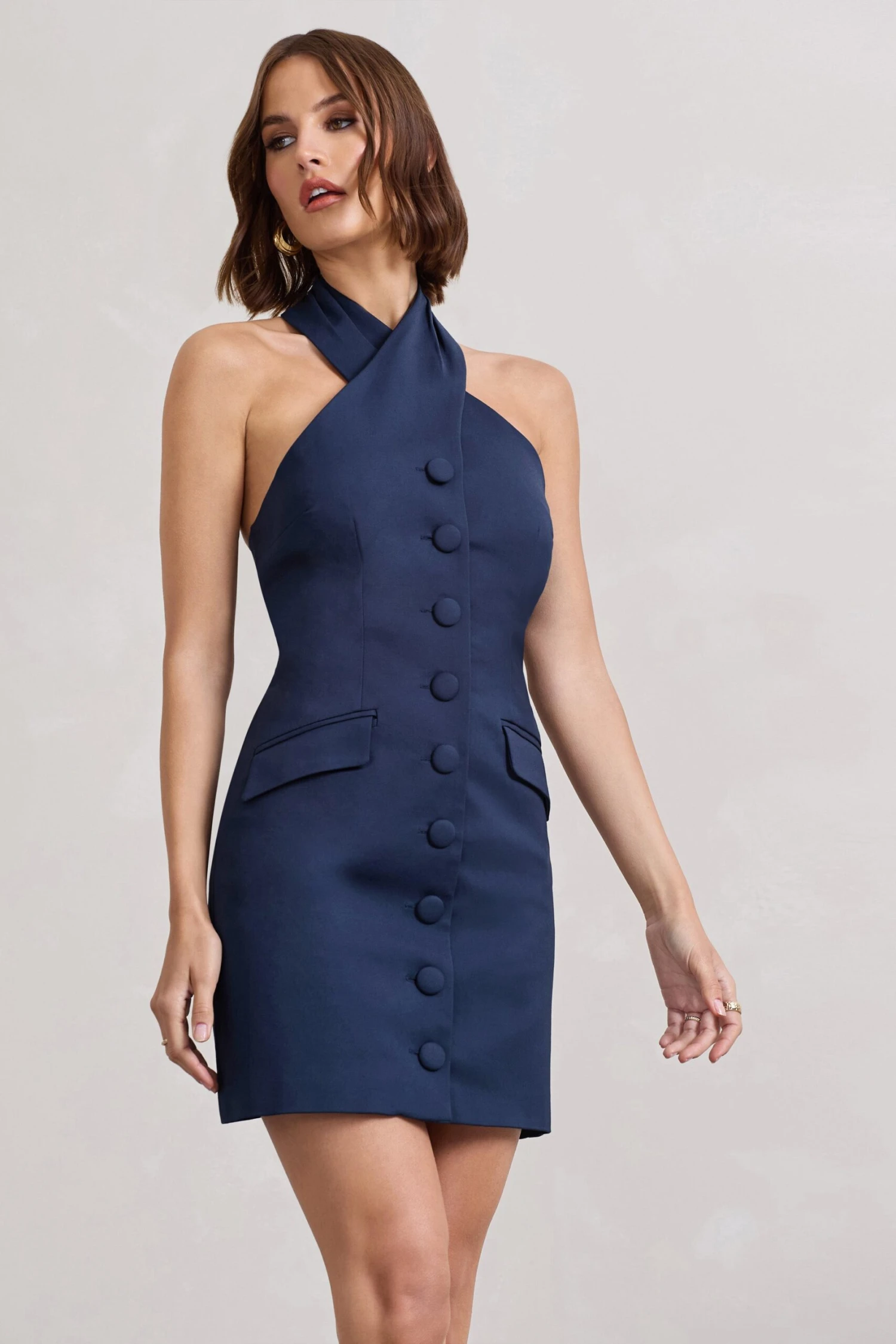 Dani | Navy Halter Neck Tailored Buttoned Bodycon Mini Dress 6 Dani | Navy Halter Neck Tailored Buttoned Bodycon Mini Dress - Image 4