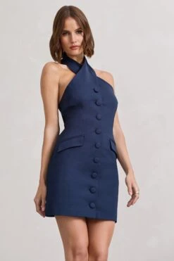 Dani | Navy Halter Neck Tailored Buttoned Bodycon Mini Dress 9 Dani | Navy Halter Neck Tailored Buttoned Bodycon Mini Dress -Sangyong Store WB CL128487015 DaniNavyHalterNeckTailoredButtonedBodyconMiniDress6