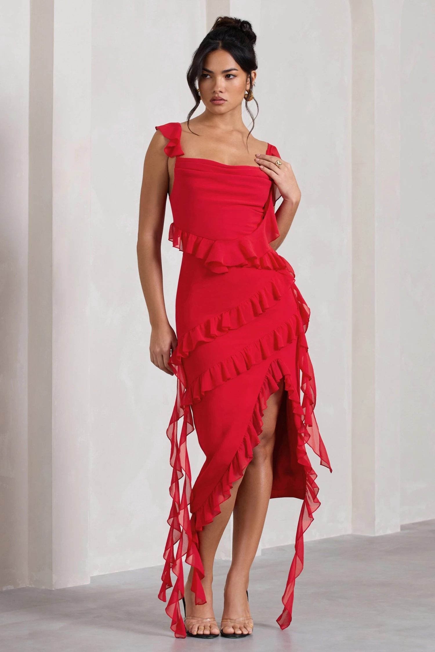 Havana Heat | Red Cowl Ruffle Chiffon Midi Dress 6 Havana Heat | Red Cowl Ruffle Chiffon Midi Dress - Image 4