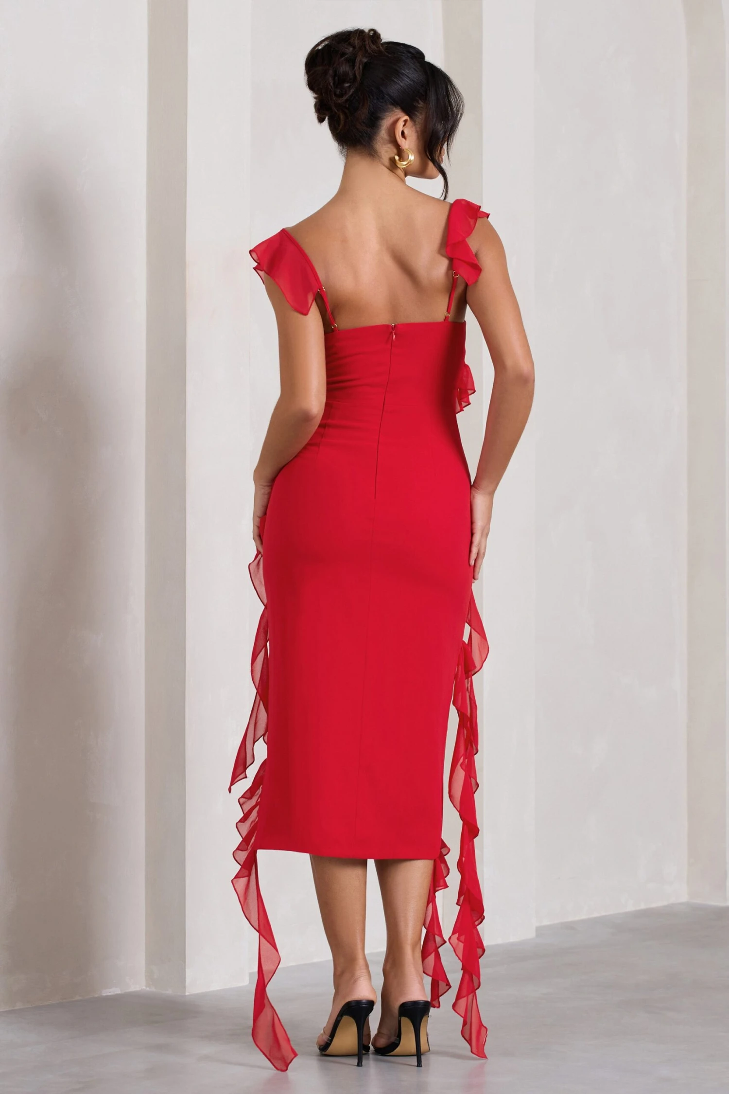 Havana Heat | Red Cowl Ruffle Chiffon Midi Dress 4 Havana Heat | Red Cowl Ruffle Chiffon Midi Dress - Image 2