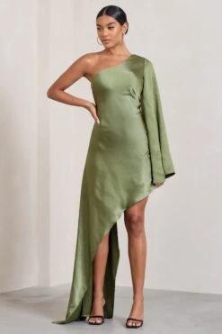 Hanna | Olive Asymmetric Draped Satin Mini Dress -Sangyong Store WB CL128638113 Hanna OliveAsymmetricDrapedSatinMiniDress0