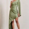 Hanna | Olive Asymmetric Draped Satin Mini Dress -Sangyong Store WB CL128638113 Hanna OliveAsymmetricDrapedSatinMiniDress1