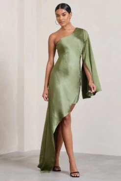 Hanna | Olive Asymmetric Draped Satin Mini Dress -Sangyong Store WB CL128638113 Hanna OliveAsymmetricDrapedSatinMiniDress2
