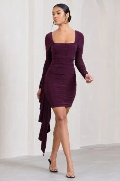 Crimson Cut | Plum Long-Sleeved Ruffled Bodycon Mini Dress -Sangyong Store WB CL128706069 CrimsonCutPlumLong SleevedRuffledBodyconMiniDress4 1fa54edf 9823 483f bc08 7b42c95758ba