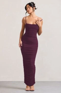 Ellis | Plum Ruched Mesh Strappy Bodycon Maxi Dress -Sangyong Store WB CL128707002 EllisPlumRuchedMeshStrappyBodyconMaxiDress2