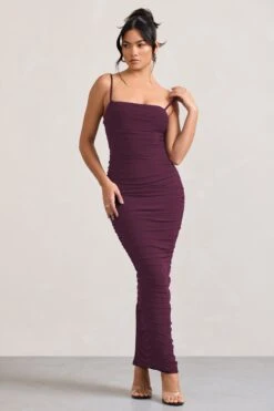 Ellis | Plum Ruched Mesh Strappy Bodycon Maxi Dress -Sangyong Store WB CL128707002 EllisPlumRuchedMeshStrappyBodyconMaxiDress3