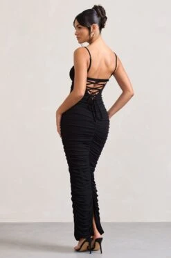 Ellis | Black Ruched Mesh Strappy Bodycon Maxi Dress -Sangyong Store WB CL128707002 EllisPlumRuchedMeshStrappyBodyconMaxiDress5 b3d66913 ad7e 49af ab78 9b87ddc72022