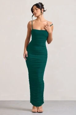 Ellis | Bottle Green Ruched Mesh Strappy Bodycon Maxi Dress -Sangyong Store WB CL128707047 EllisBottleGreenRuchedMeshStrappyBodyconMaxiDress2