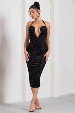 Amelia | Black Velvet Floral Halter-Neck Midi Dress -Sangyong Store WB CL128715002 AmeliaBlackSheerVelvetFloralHalter NeckMidiDress0