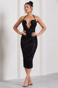 Amelia | Black Velvet Floral Halter-Neck Midi Dress -Sangyong Store WB CL128715002 AmeliaBlackSheerVelvetFloralHalter NeckMidiDress1