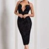 Amelia | Black Velvet Floral Halter-Neck Midi Dress -Sangyong Store WB CL128715002 AmeliaBlackSheerVelvetFloralHalter NeckMidiDress3