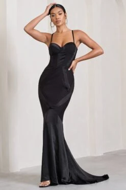 Custom | Black Satin Sweetheart Corset Fishtail Maxi Dress