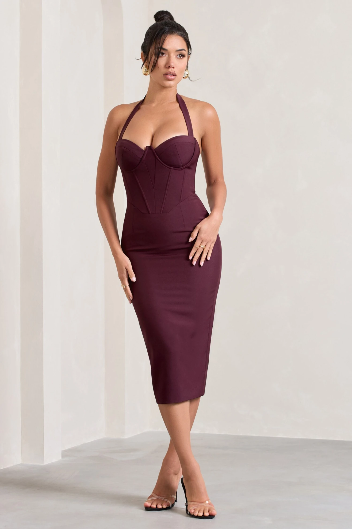 Supermodel | Burgundy Halter-Neck Corset Midi Dress 6 Supermodel | Burgundy Halter-Neck Corset Midi Dress - Image 4