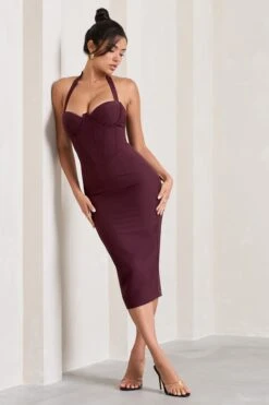 Supermodel | Burgundy Halter-Neck Corset Midi Dress 12 Supermodel | Burgundy Halter-Neck Corset Midi Dress -Sangyong Store WB CL128734069 SupermodelBurgundyHalter NeckCorsetMidiDress4