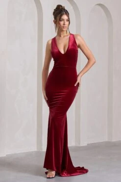 Elisabetta | Berry Velvet Plunge-Neck Fishtail Maxi Dress -Sangyong Store WB CL128783037 ElisabettaBerryVelvetPlunge NeckFishtailMaxiDress1 b216c5e4 0c7a 477c ae73 4bb60996ebeb