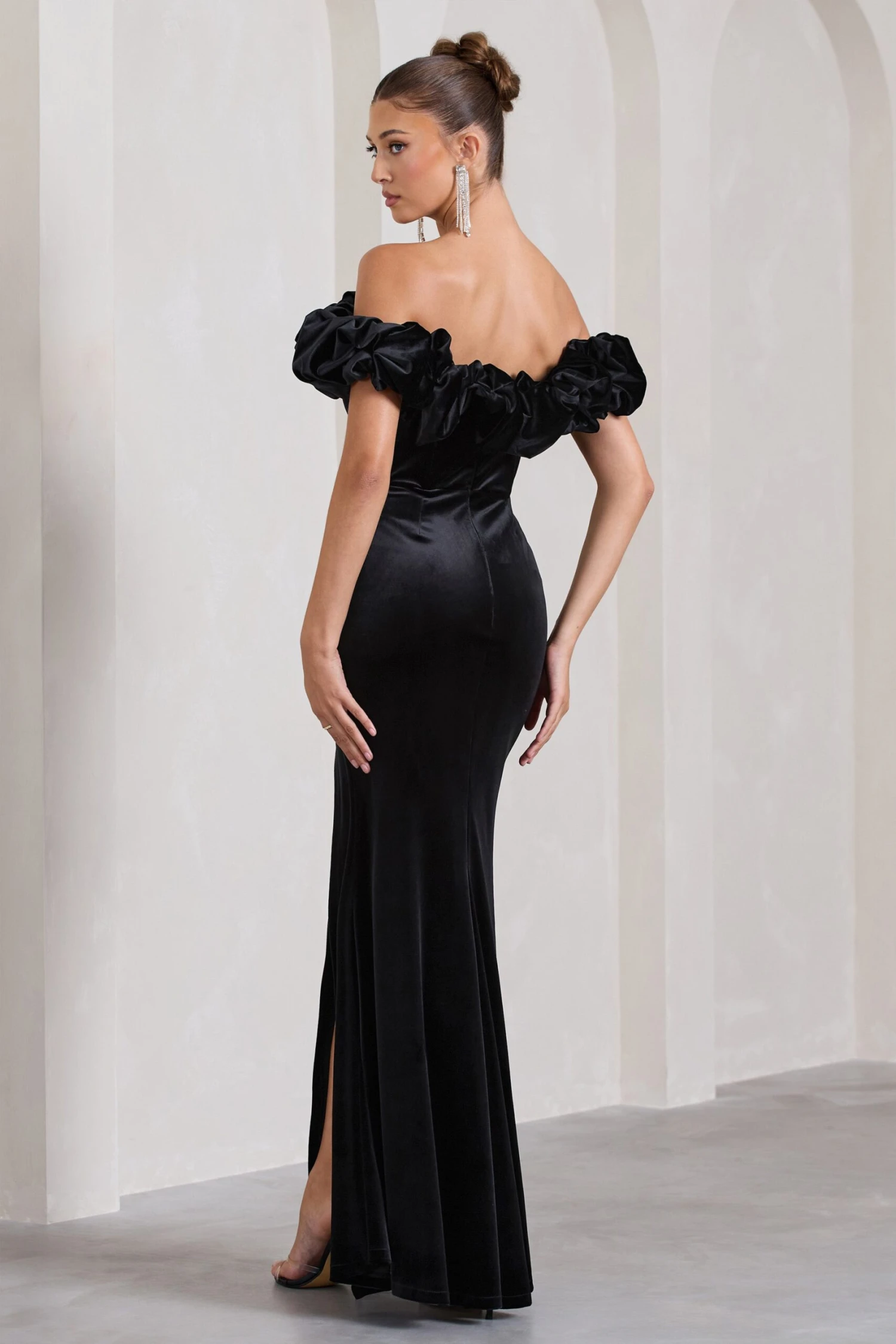 Esmeralda | Black Velvet Structured Ruffled Bardot Maxi Dress 4 Esmeralda | Black Velvet Structured Ruffled Bardot Maxi Dress - Image 2