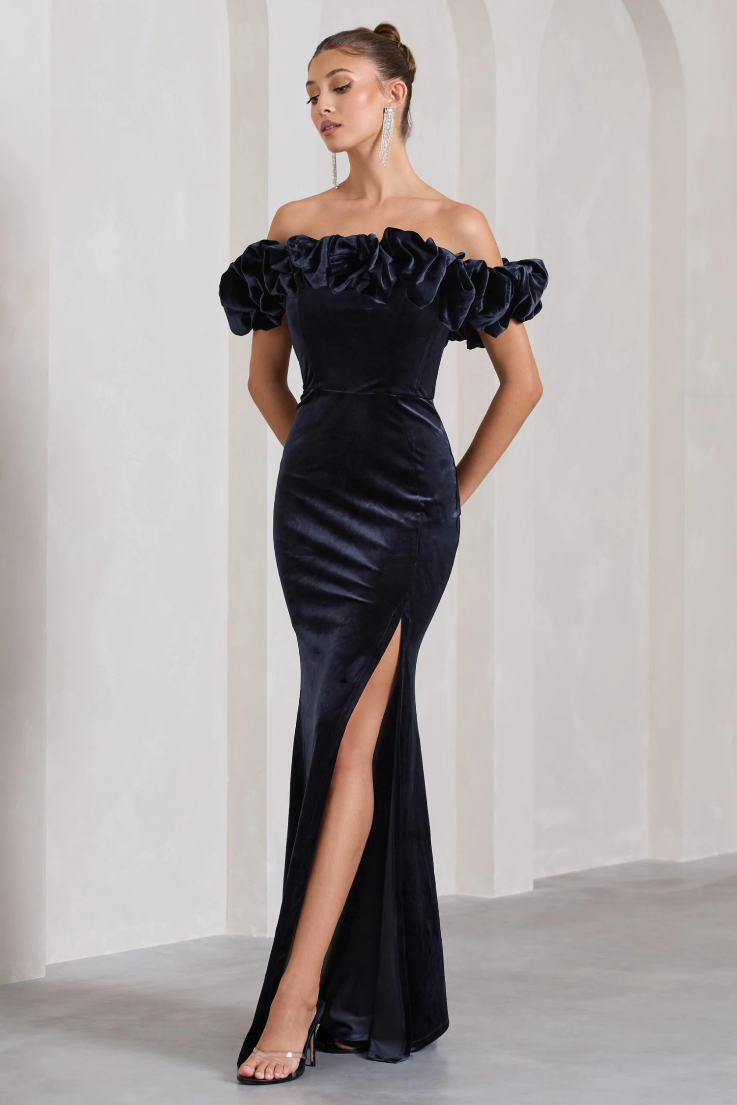 Esmeralda | Navy Velvet Structured Ruffled Bardot Maxi Dress 6 Esmeralda | Navy Velvet Structured Ruffled Bardot Maxi Dress - Image 4
