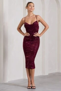 Whitney | Berry Velvet Floral Strappy Sweetheart Midi Dress -Sangyong Store WB CL128795064 WhitneyBerrySheerVelvetFloralStrappySweetheartMidiDress7