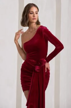 Saint Moritz | Berry Velvet Asymmetric Mini Dress With Flower Drape -Sangyong Store WB CL128797037 SaintMoritzBerryVelvetAsymmetricMiniDressWithFlowerDrape9