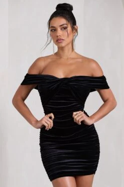 Appreciate | Black Velvet Twisted Bardot Ruched Mini Dress