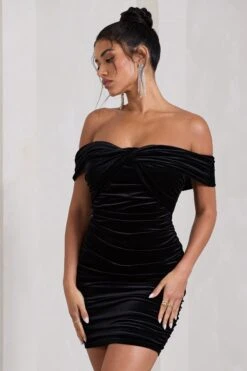 Appreciate | Black Velvet Twisted Bardot Ruched Mini Dress -Sangyong Store WB CL128803002 AppreciateBlackVelvetTwistedBardotRuchedMiniDress4
