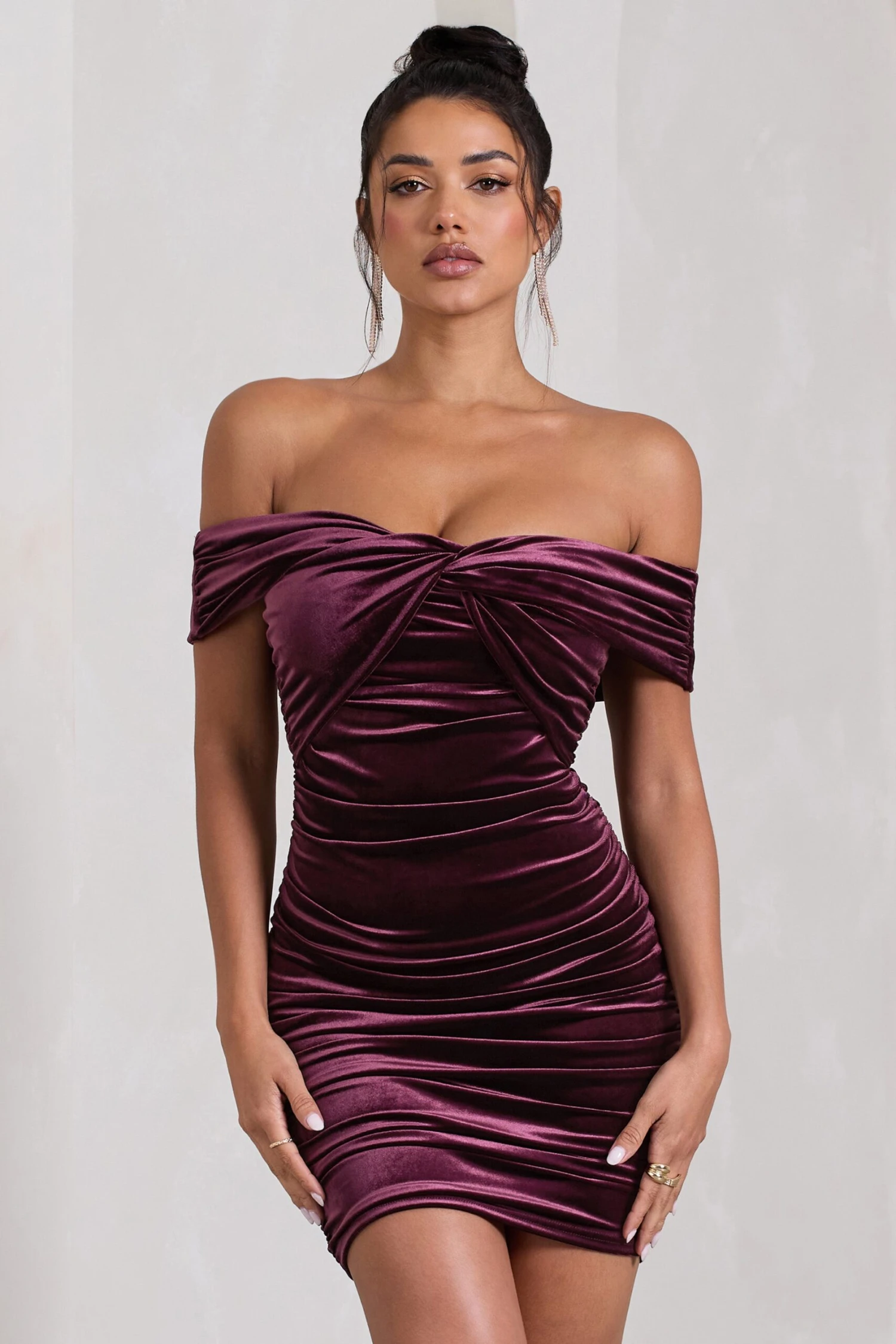 Appreciate | Port Velvet Twisted Bardot Ruched Mini Dress 3 Appreciate | Port Velvet Twisted Bardot Ruched Mini Dress