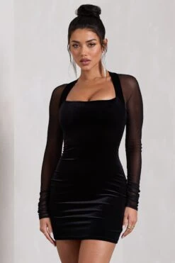 Off-Piste | Black Velvet Bodycon Mini Dress With Sheer Sleeves -Sangyong Store WB CL128805002 Off PisteBlackVelvetBodyconMiniDressWithSheerSleeves2