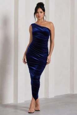 Dorit | Navy Velvet One Shoulder Asymmetric Ruched Midi Dress -Sangyong Store WB CL128812015 DoritNavyVelvetOneShoulderAsymmetricRuchedMidiDress1