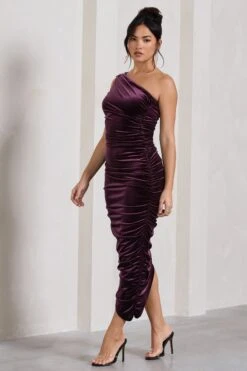 Dorit | Dark Purple Velvet One Shoulder Asymmetric Ruched Midi Dress 11 Dorit | Dark Purple Velvet One Shoulder Asymmetric Ruched Midi Dress -Sangyong Store WB CL128812101 DoritDarkPurpleVelvetOneShoulderAsymmetricRuchedMidiDress2