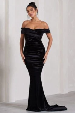 Apolline | Black Velvet Off The Shoulder Ruched Fishtail Maxi Dress -Sangyong Store WB CL128814002 ApollineBlackVelvetOffTheShoulderRuchedFishtailMaxiDress0