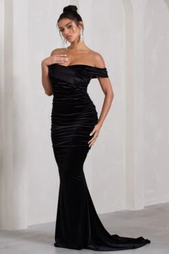 Apolline | Black Velvet Off The Shoulder Ruched Fishtail Maxi Dress -Sangyong Store WB CL128814002 ApollineBlackVelvetOffTheShoulderRuchedFishtailMaxiDress2