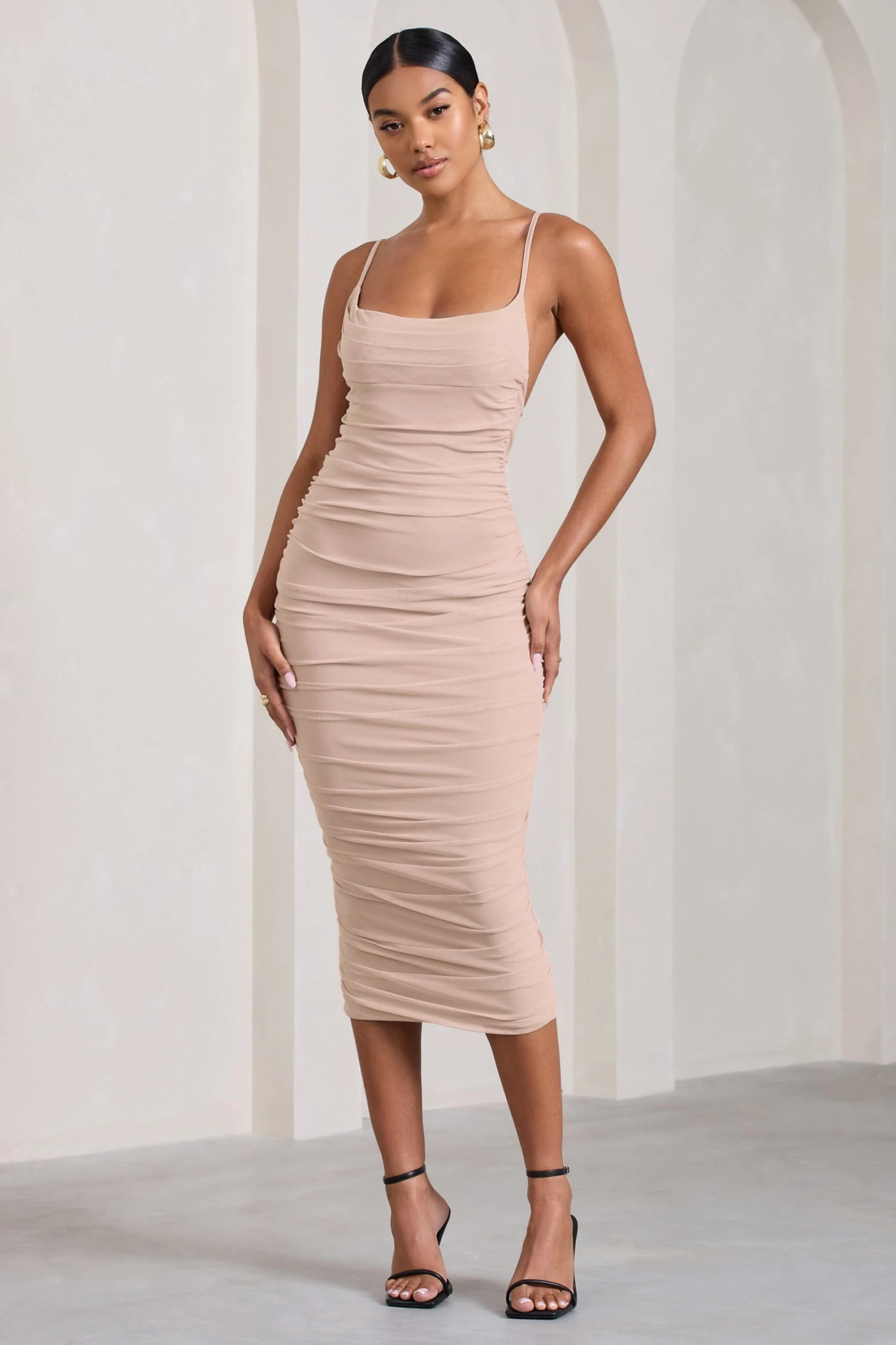 Bree | Nude Ruched Mesh Strappy Bodycon Midi Dress 3 Bree | Nude Ruched Mesh Strappy Bodycon Midi Dress