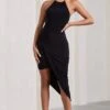 Power Sweep | Black Gathered Halter-Neck Midi Dress