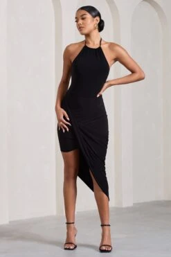 Power Sweep | Black Gathered Halter-Neck Midi Dress -Sangyong Store WB CL128823002 PowerSweep BlackGatheredHalter NeckMiniDress1