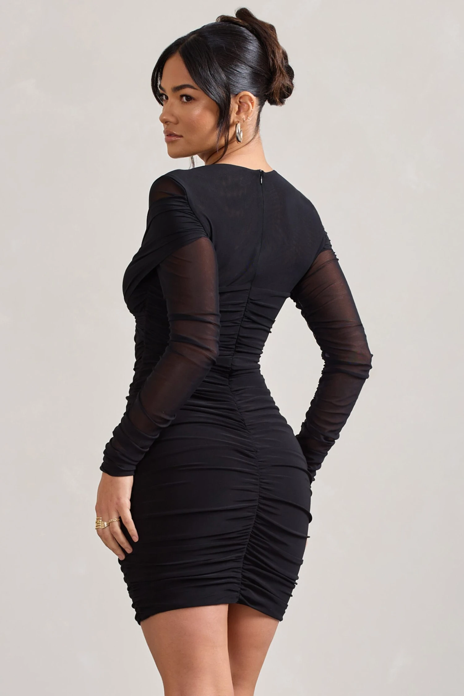 Sparks Fly | Black Ruched Mesh Long-Sleeved Bodycon Mini Dress 4 Sparks Fly | Black Ruched Mesh Long-Sleeved Bodycon Mini Dress - Image 2