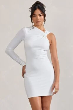 Fusion | White Asymmetric Twisted Bodycon Mini Dress -Sangyong Store WB CL128830005 Fusion WhiteAsymmetricTwistedBodyconMiniDress0