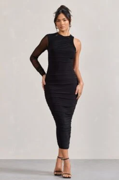 Luciene | Black Ruched Asymmetric Bodycon Midi Dress With Sheer Sleeve -Sangyong Store WB CL128837002 Luciene BlackRuchedAsymmetricBodyconMidiDressWithSheerSleeve0