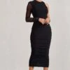 Luciene | Black Ruched Asymmetric Bodycon Midi Dress With Sheer Sleeve -Sangyong Store WB CL128837002 Luciene BlackRuchedAsymmetricBodyconMidiDressWithSheerSleeve3