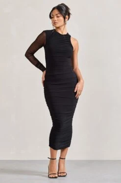 Luciene | Black Ruched Asymmetric Bodycon Midi Dress With Sheer Sleeve -Sangyong Store WB CL128837002 Luciene BlackRuchedAsymmetricBodyconMidiDressWithSheerSleeve4